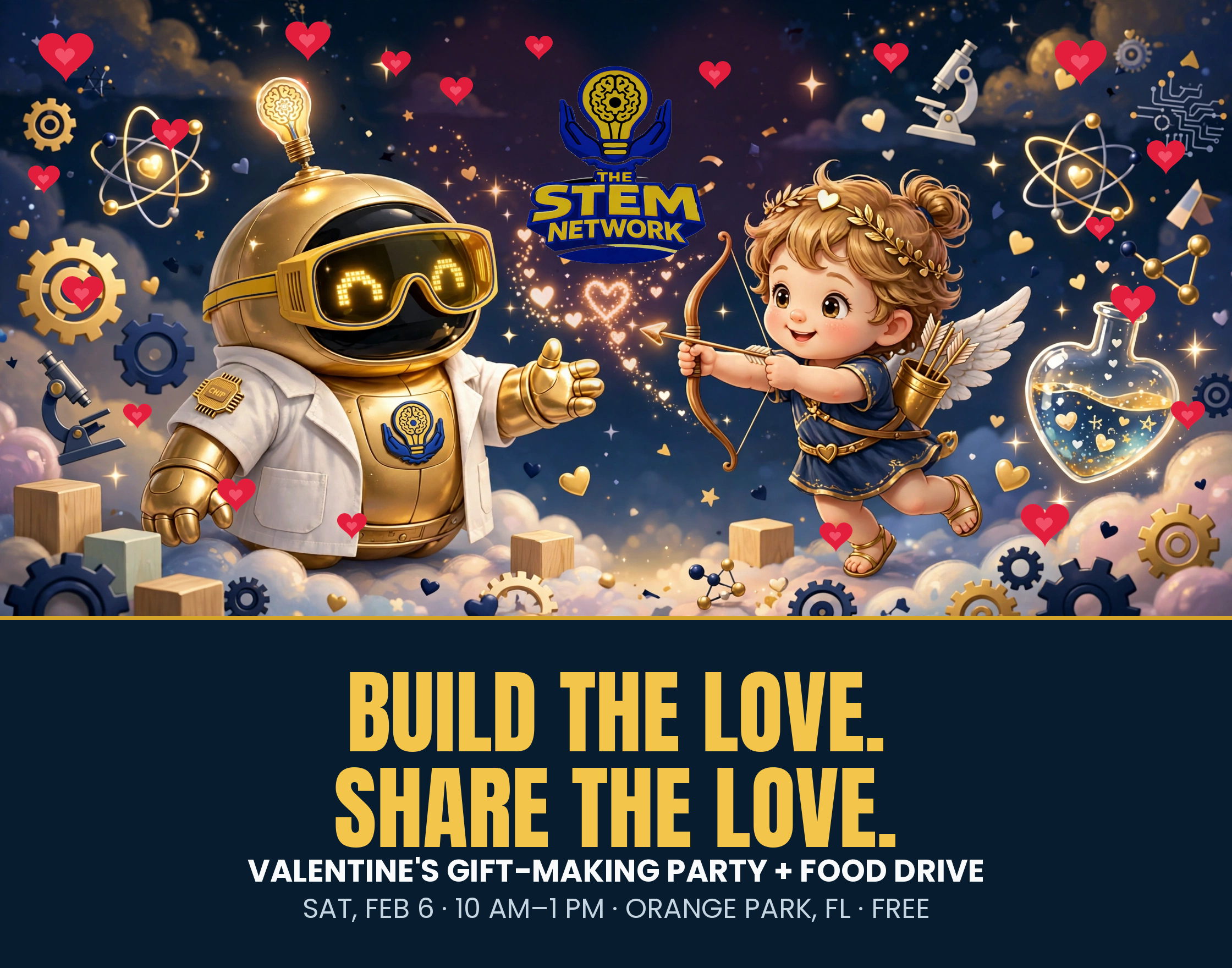 CHIP the robot and Cupid with The STEM Network logo and red hearts — Build the Love. Share the Love.